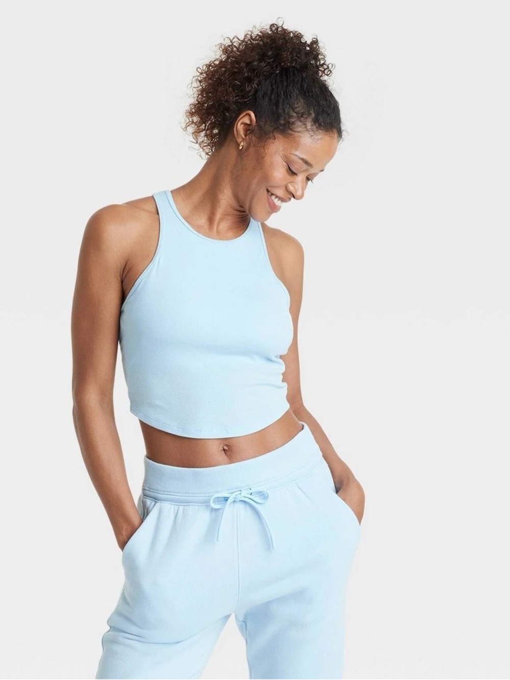 Women's Rib High Neck Racerback Cropped Tank Top - All in Motion™ Light Blue M